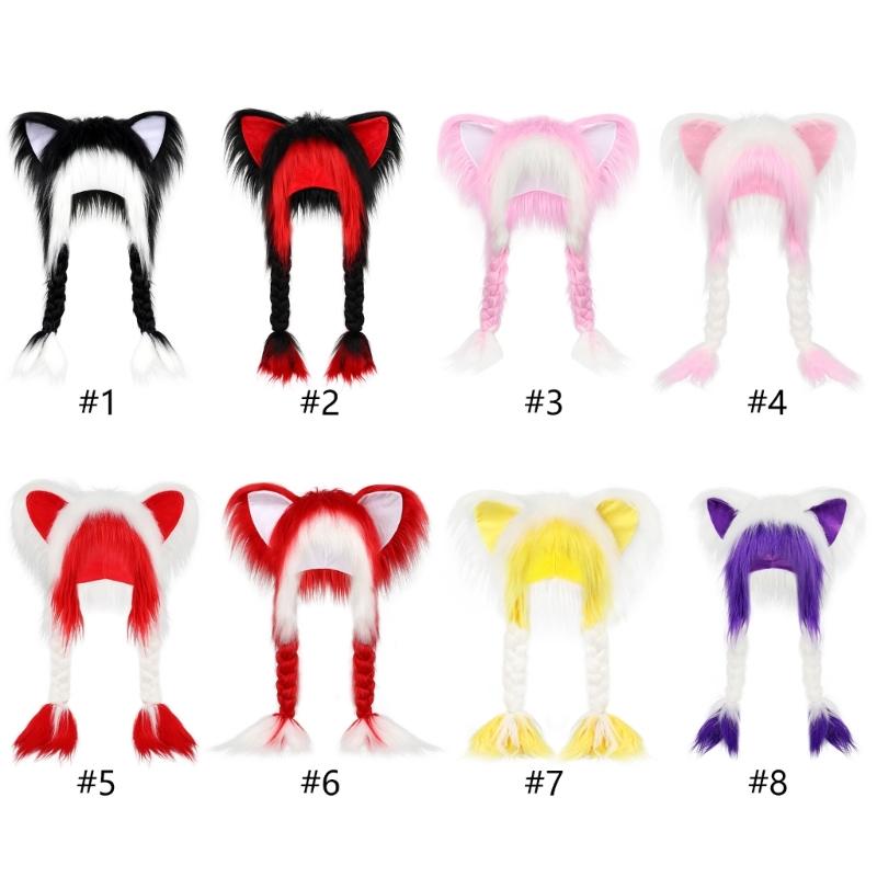 Soft Furry Animal Ear Hat with Braids for for Women and Girls Cartoon Earflap Hat Cosplay Winter Party and Themed Event