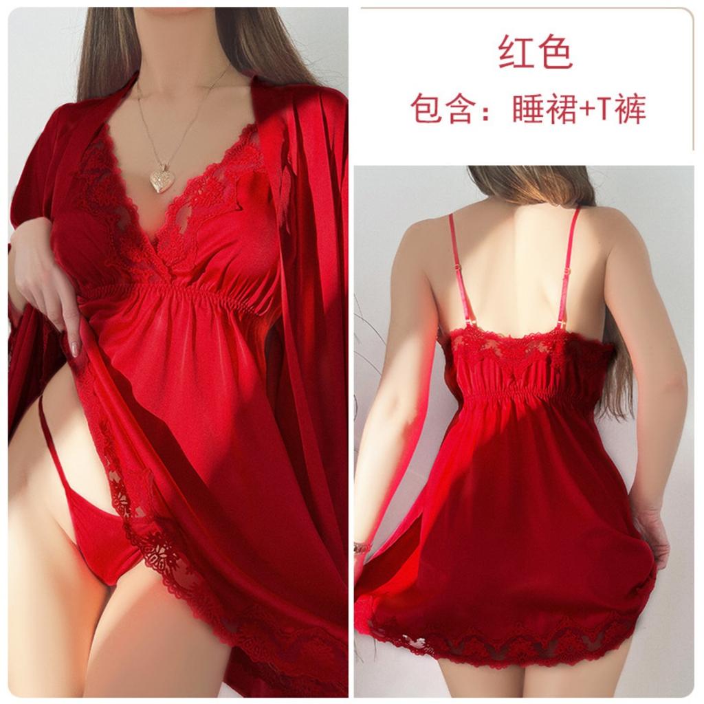 Set sexy de lenjerie de noapte cu bretele, din dantelă transparentă, cu decolteu adânc în V, culoare uni