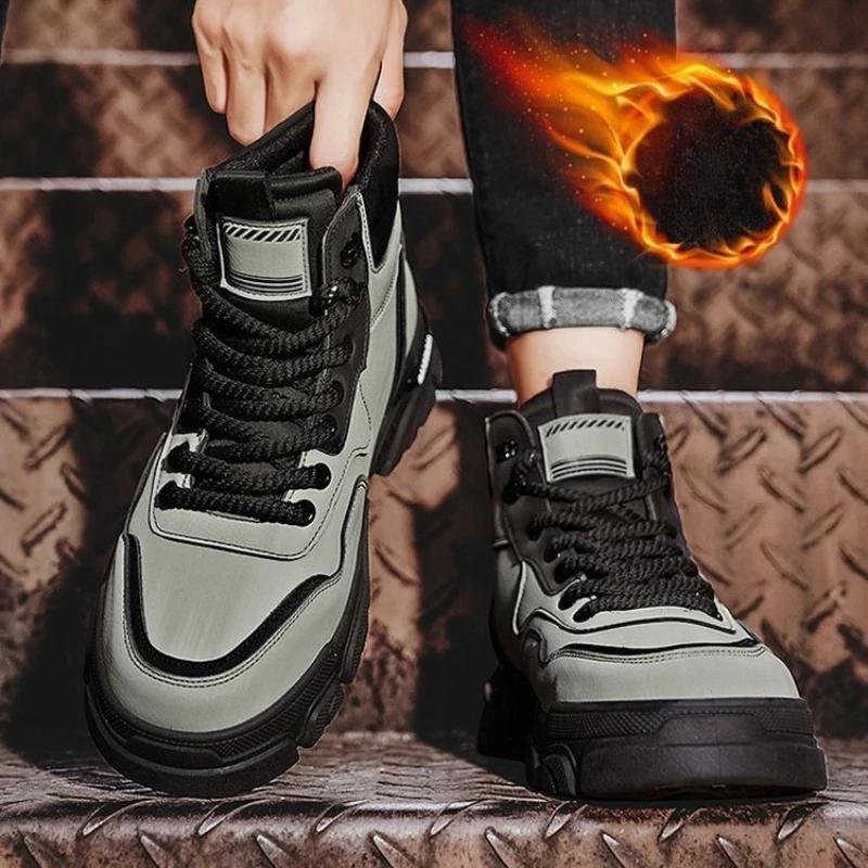 Módní zimní pánské boty Plyšové teplé sněhule Módní vysoké boty PU kůže Ležérní boty Plus sametové teplé bavlněné boty Botas Hombre