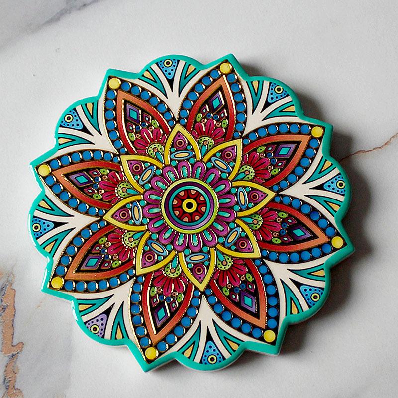 Keramische onderzetter met mandala-bloemmotief - Warmte-isolerende en antislip decoratieve mat voor koffie- en eettafels