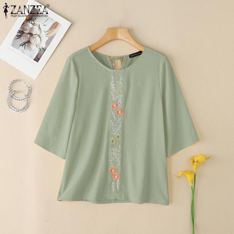 ZANZEA Women Casual Round Neck Floral Embroidery Loose Half Sleeve Blouse