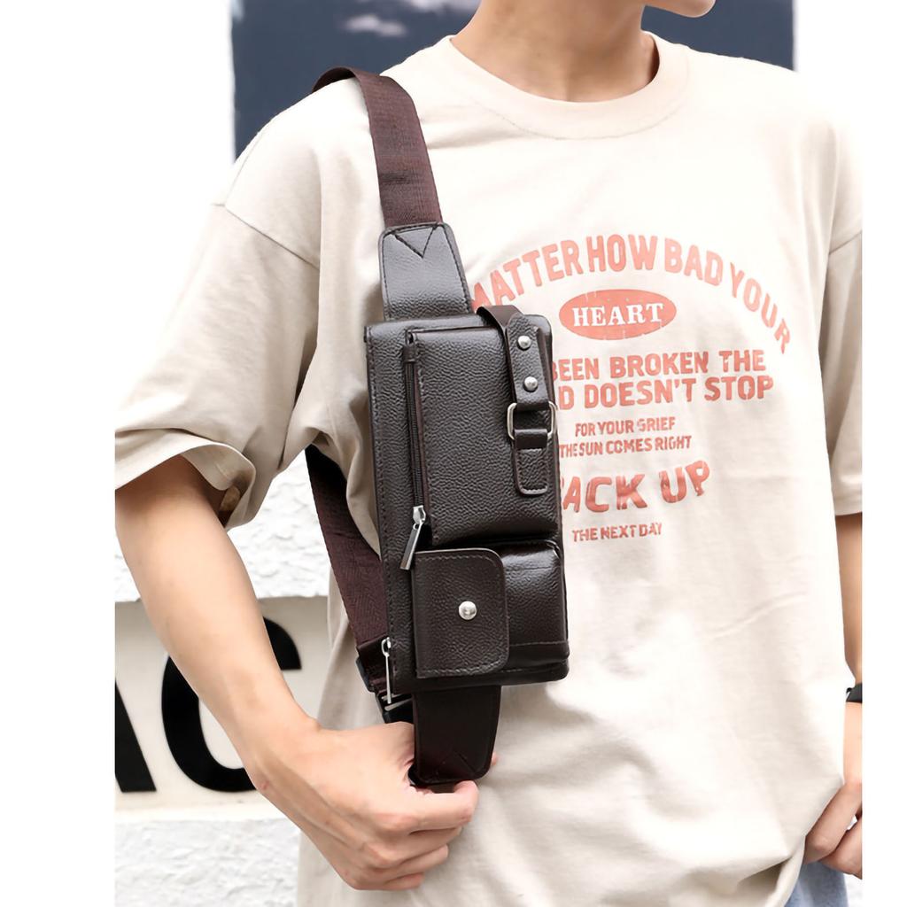 Small Chest Bag Multipurpose Large Capacity Mobile Phone Bag Casual Shoulder Sport Bag for Men Dark Brown Large