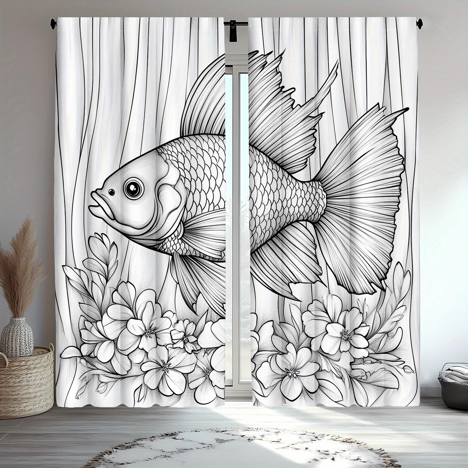 

Animal Print Curtains Floral Fish Marine Life Design Kitchen Dcor Curtain Polyester Ideal For Window W100*H70(CM)-Grommet top&1PCS
