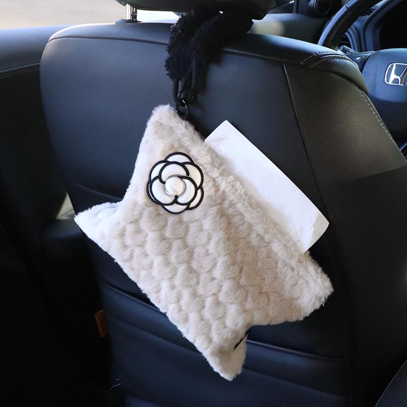 Camellia Love Plush Car Tissue Box - Hanging Armrest & Center Console Decor.