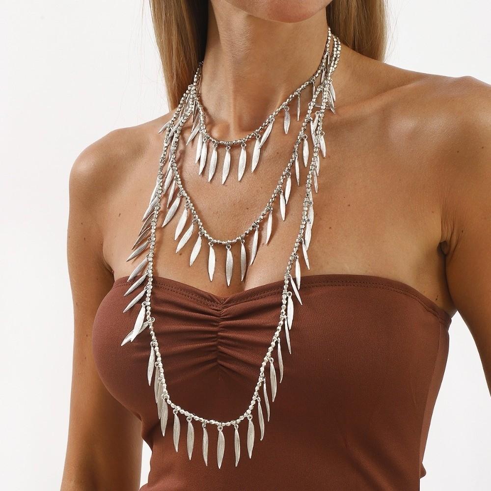Vintage Beaded Splicing Necklace Feather Leaves Charm Necklace Women Neck Jewelry Accessories