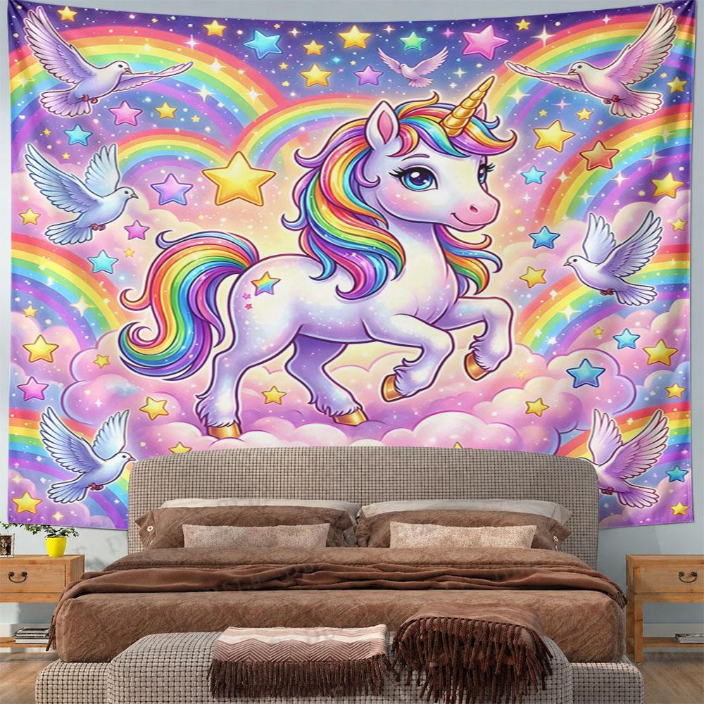 Rainbow Unicorn with Stars and Doves Pattern Wall Hanging Tapestry Decorative Tapestry Home Decor for Bedroom and Living Room