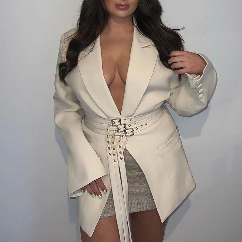 

Western Style Fashion Sexy Long sleeve Slim fit Belt Patchwork Suit Fashion Small Suit Jacket White L