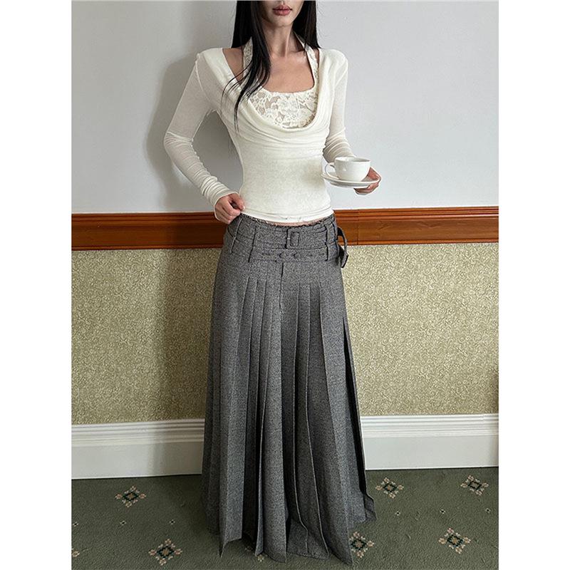 Korean Vintage Gray Pleated A-Line Midi Skirt
