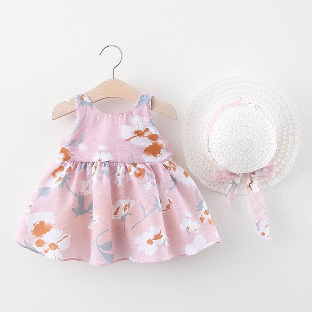 Toddler Baby Kids Girls Floral Flowers Princess Dress Hat Outfits Clothes
