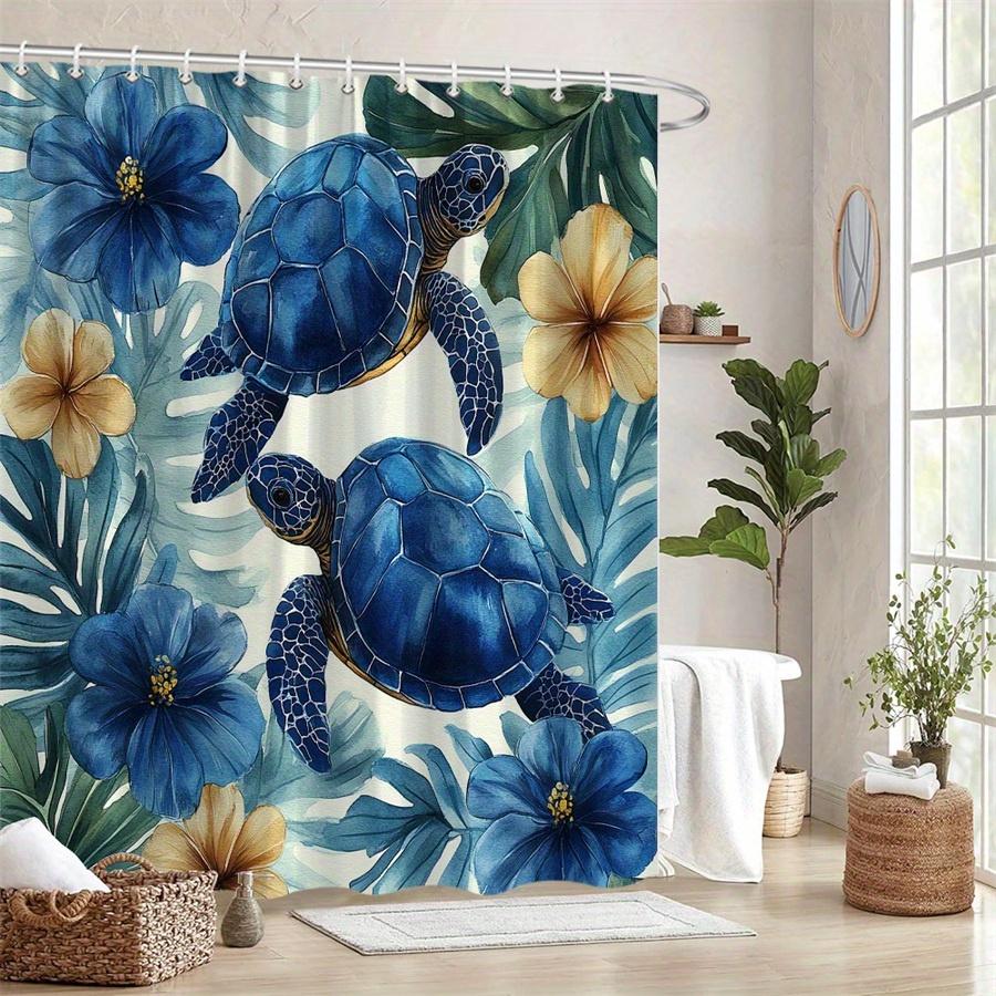 1Pc Blue Turtle And Hibiscus Shower Curtain - Polyester Fabric, Machine Washable, Suitable For Bathroom Decoration
