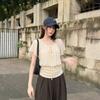 Gentle Wind Apricot Fake Two-piece Splicing Lace-up V-neck Lotus Leaf Sleeve Shirt Women's Summer Waist and Thin Temperament Top