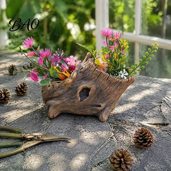 Small Succulent Planters Resin Tree Stump Flowerpot for Succulents Plants, Imitation Wood Grain Planter Decorative Plant Containers Indoor Home Office