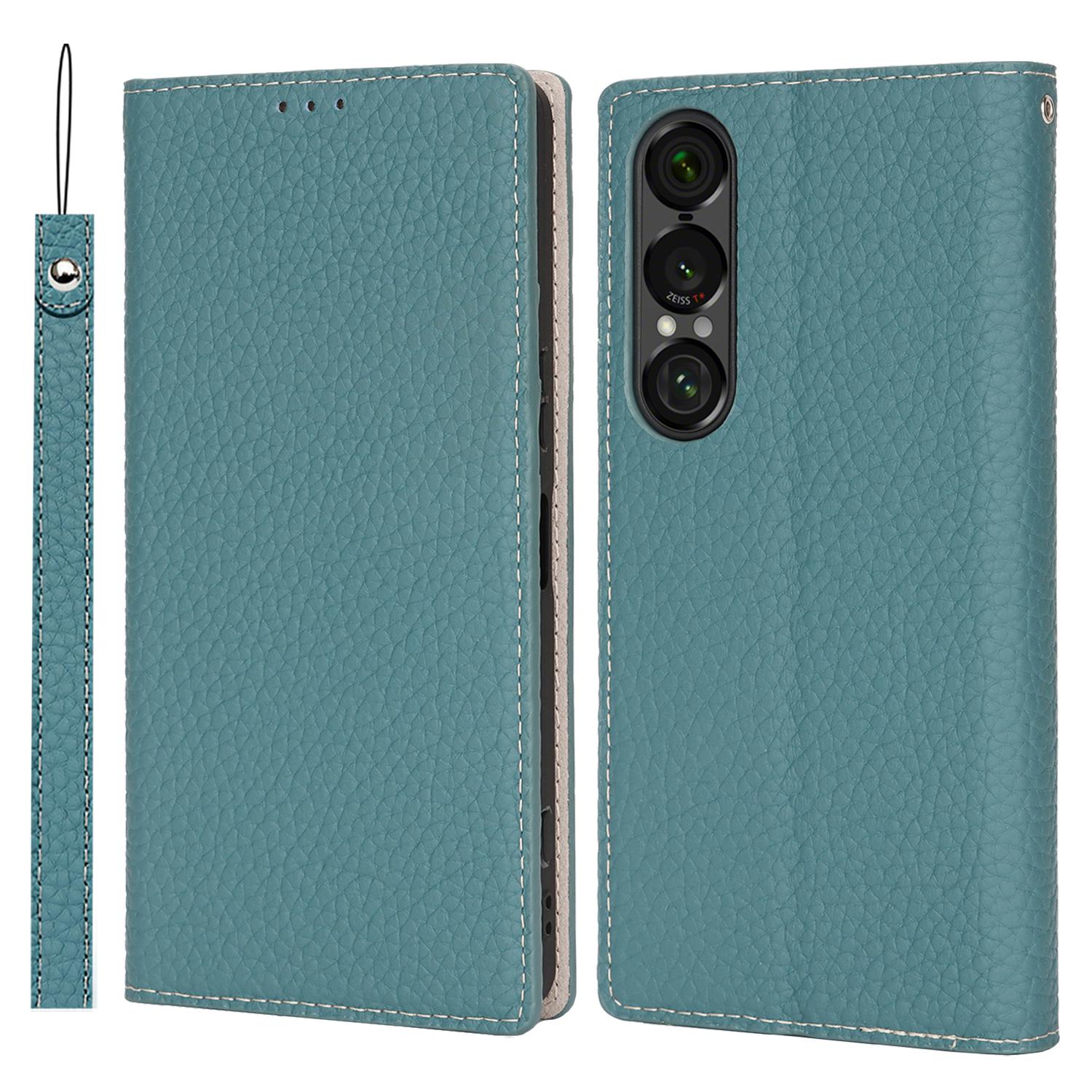 Для Sony Xperia 1 VII Чехол-кошелек Натуральная коровья кожа Чехол для телефона Текстура личи Sky Blue