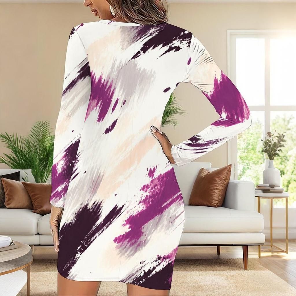 Women Plus Size Round Neck Long Sleeve Printed Teal Blue Gold Bodycon Mini Dress