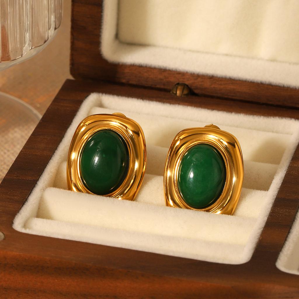 French Retro Court Style Inlaid Natural Stone Stud Earrings, Elegant Women's Earrings, 18K Gold Plated Titanium Steel Jewelry