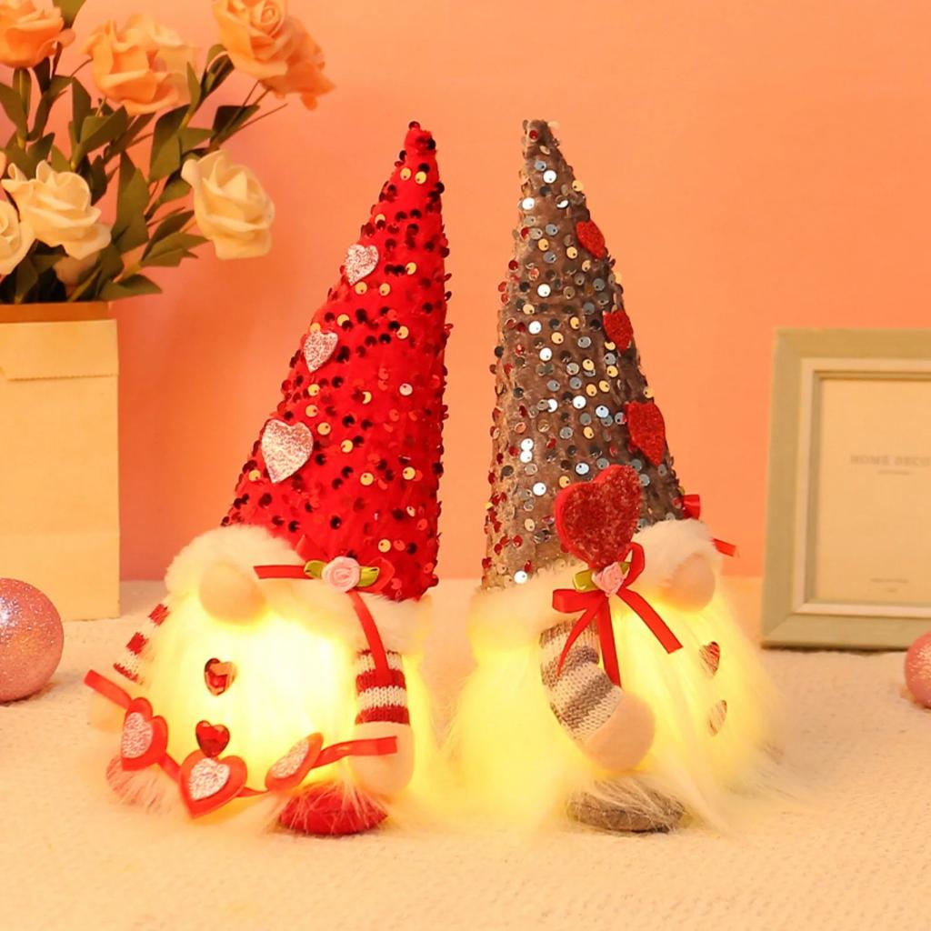 Lighted Valentines Gnomes Plush Doll, Handmade Scandinavian Swedish Tomte, Light Up Toy Holiday, Battery Operated Valentine's Day Gift Tabletop