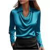 Women's Turn Down Collar Cowl Neck Long Sleeve Satin Blouse Regular Fit Elegant Work Shirt