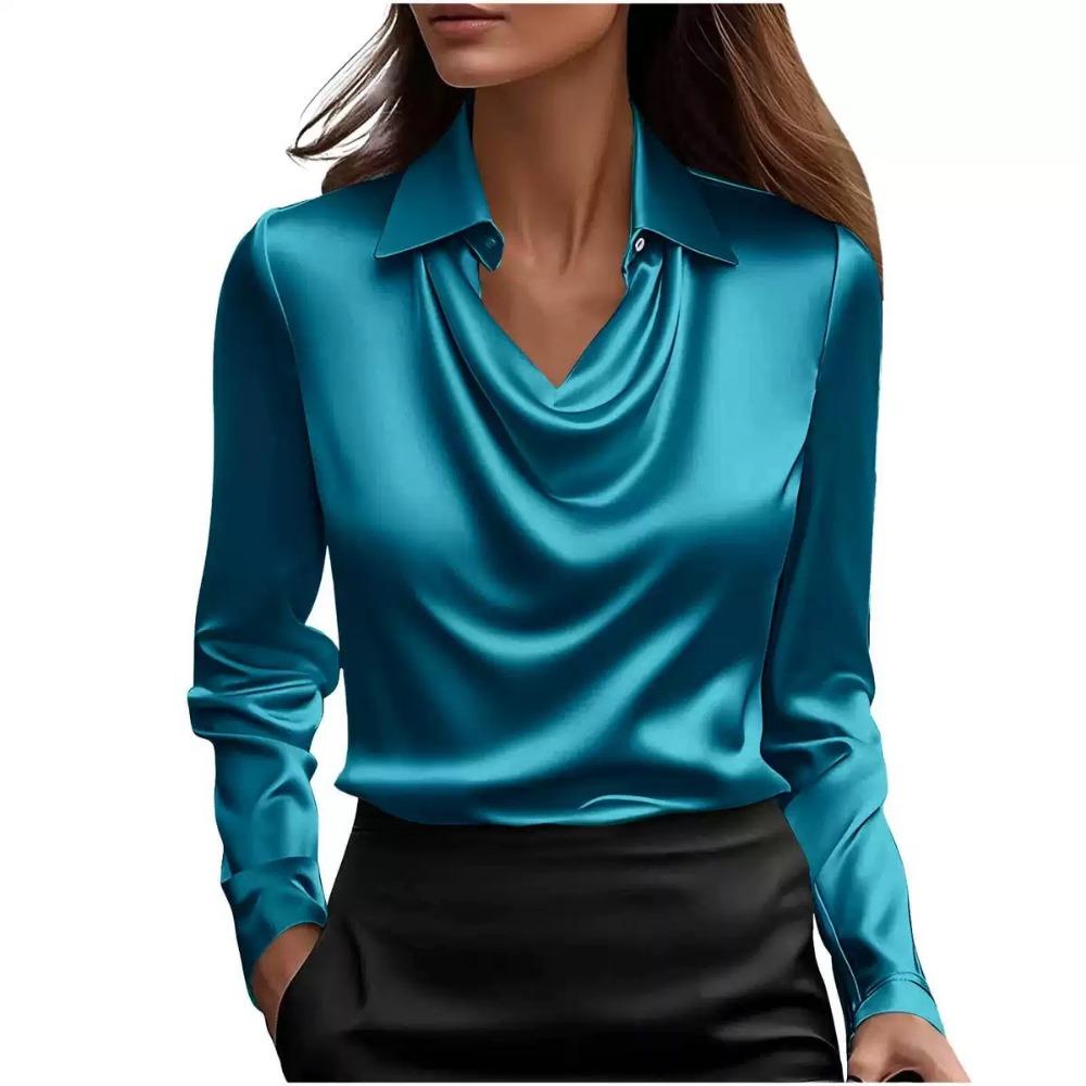Women's Turn Down Collar Cowl Neck Long Sleeve Satin Blouse Regular Fit Elegant Work Shirt