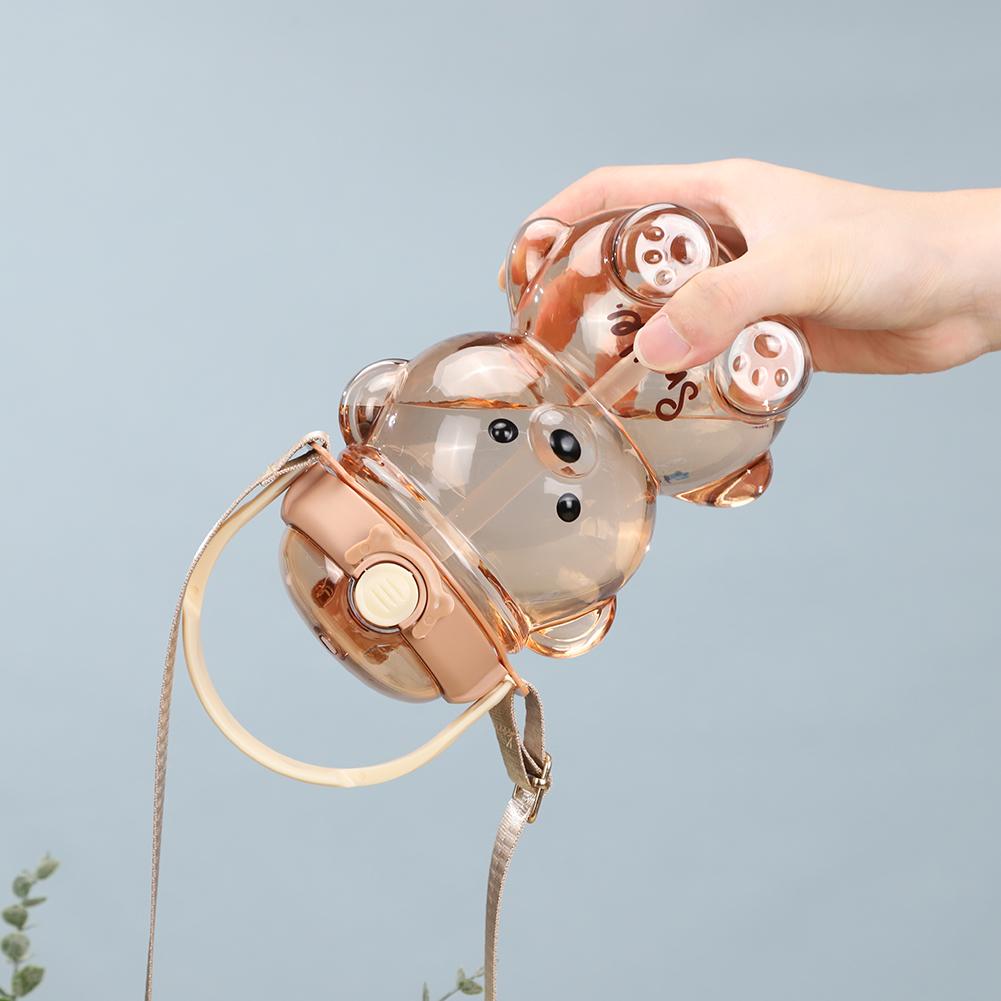 1000/1400ml Bear Water Bottle with Shoulder Strap Cute Bear Drinking Bottle Leak-Proof Travel Straw Cup for Boys Girls Daily Use