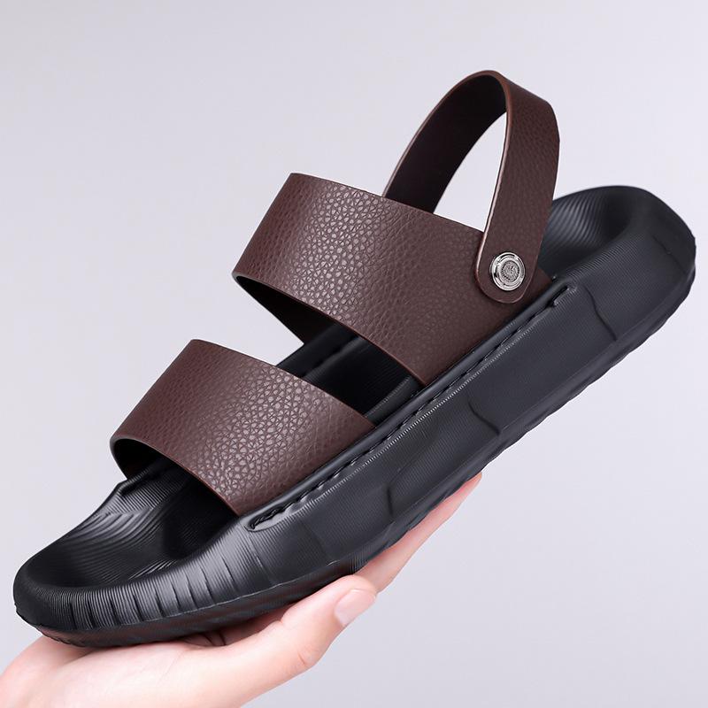 Fashion Solid Color Leather Sandals for Men 2025 Summer New Designer Outwear Casual Beach Shoes Male Dual-use Platform Slipper Shoe Man