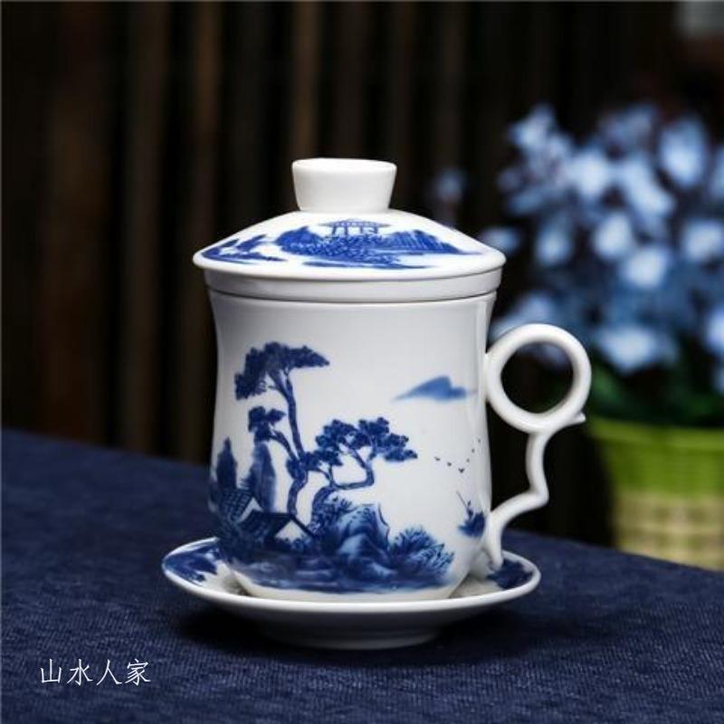 4-teiliges Teetassen-Set Persönliche Teetasse Keramik mit innerem Filter und Deckel Wasserbecher Blau-Weißes Porzellan Büro Konferenzbecher
