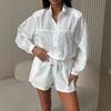 Lässiges europäisches und amerikanisches Set: Einfarbige Langarm-Reißverschluss-Strickjacke, Jacke mit Kordelzug zur Taillenbetonung, Elastische Shorts Zweiteiliges Set