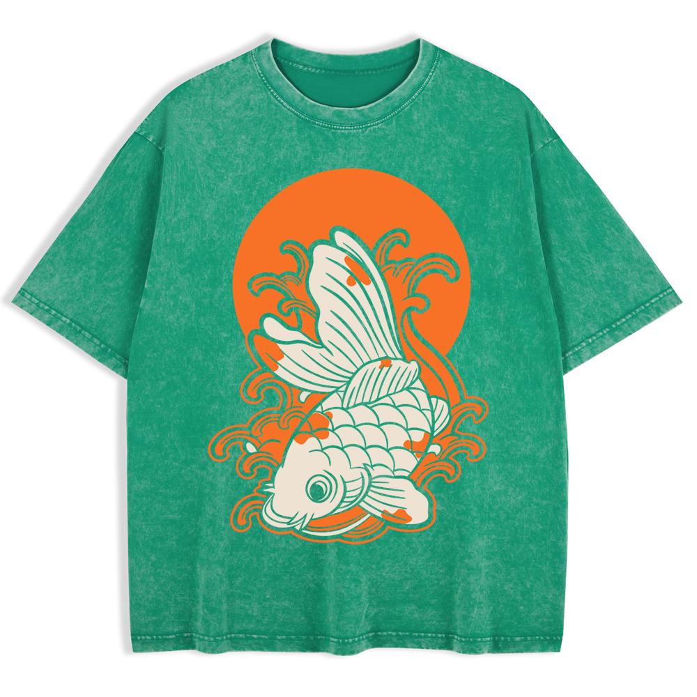 Japanese Koi Harajuku Printed Washed T-Shirts Mens Cotton Oversize T Shirt Summer O-Neck Short Sleeve Tops Casual Men Clothes