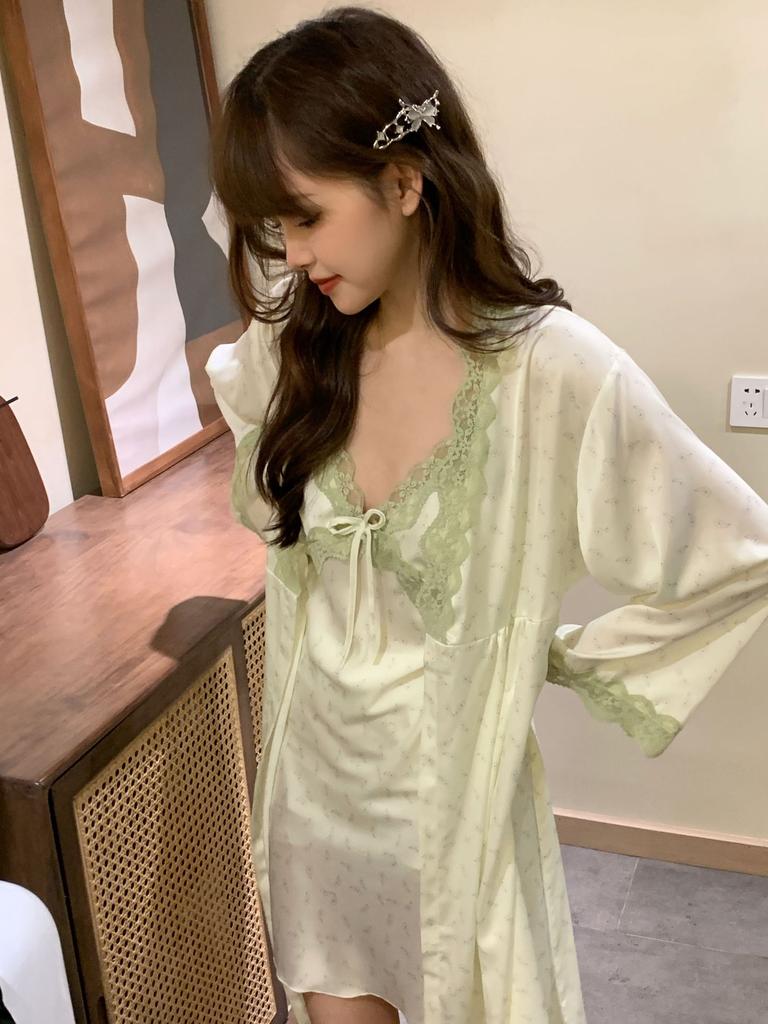 Pajamas sexy temptation women suspender nightgown ice silk spring new long-sleeved loungewear simulation silk nightdress summer