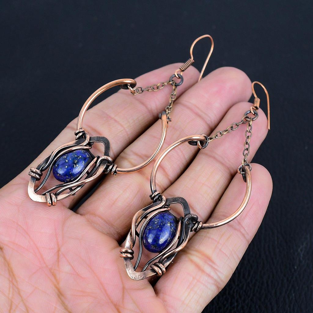 Lapis Lazuli 999 Copper Wire Wrapped Earrings, Handmade Gemstone Earrings Jewelry, Gifts For Wife Brand New Earrings