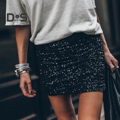 Women Mini Skirt Shiny Sequin Pleated High Waist Zipper Elastic Slim Fit Sheath A Line Soft Breathable Lady Club Party Short Skirt