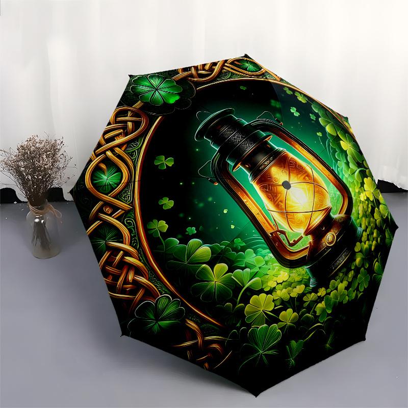 Shamrock Lantern: Irish Decor with Celtic KnotsUmbrella, Portable 3-Fold Compact Umbrella for Men & Women Gift