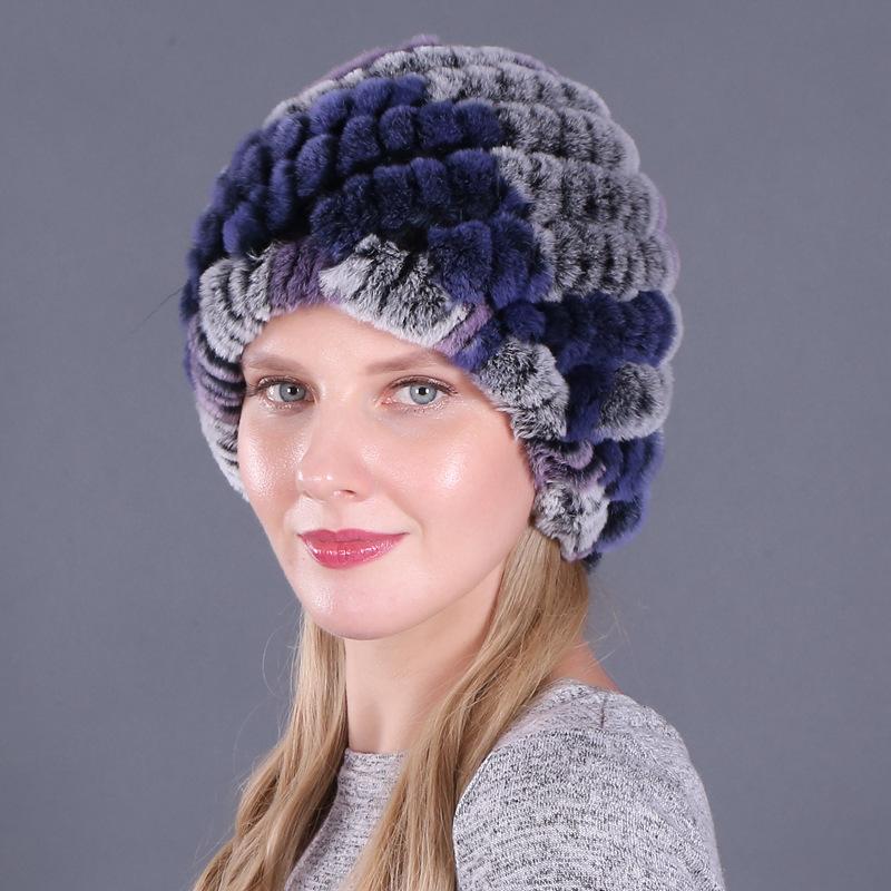 Damen Winter Pelzmütze Rex Kaninchenhaar gestrickte Spirale Ananas verdickte warme Mütze