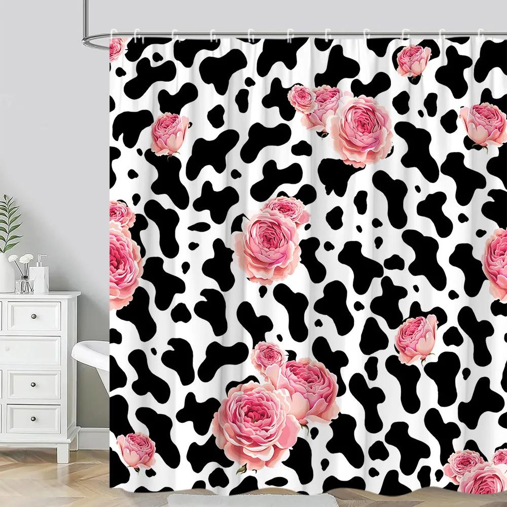 Leopard Textured Shower Curtain, Vintage Striped Brown Floral Creative Geometric Modern Plants Polyester Bathroom Decor Curtain