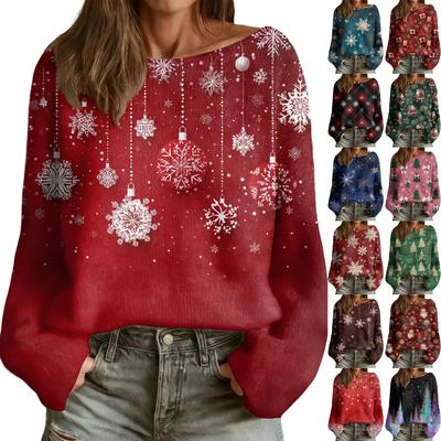 Women's Fashion Round Neck Long Sleeve Christmas Print Casual Pullover Sweater Top