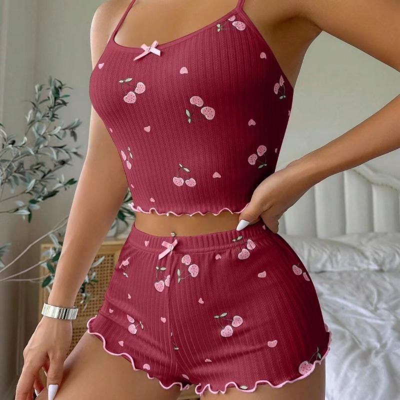 Women's Heart Print Sexy Ribbed Bow Decor Pajama Set, Round Neck Backless Comfortable Crop Cami Top & Shorts, Summer Nightwear