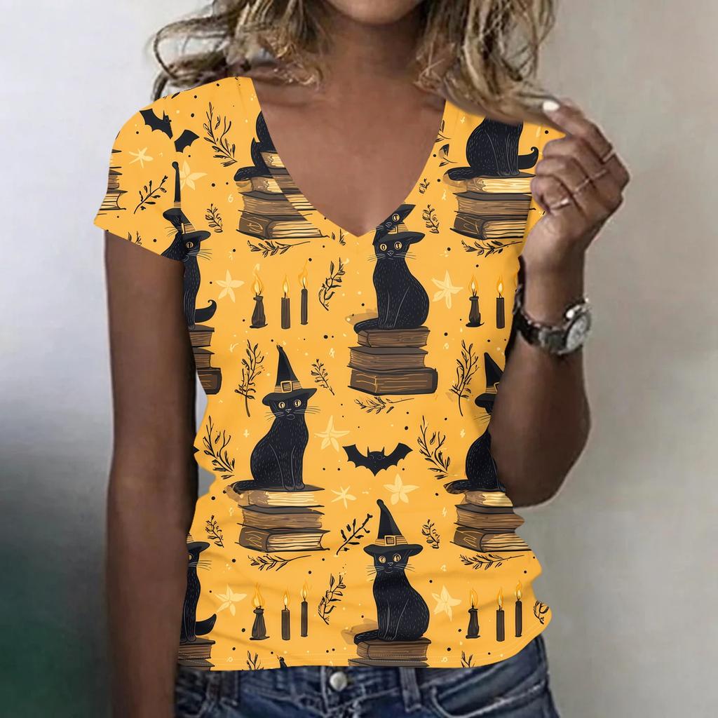 Women's V-Neck Halloween Print Lightweight Top for Spring and Summer