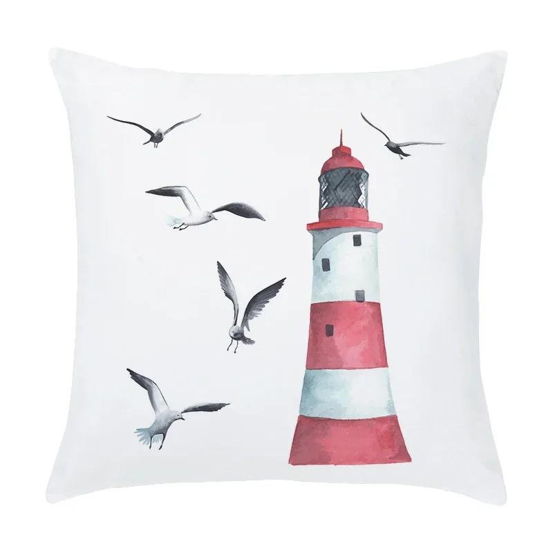 Cartoon Sailing Hot Air Balloon Lighthouse Pattern Cushion Cover Home Living Room Sofa Short Plush Pillow Case X