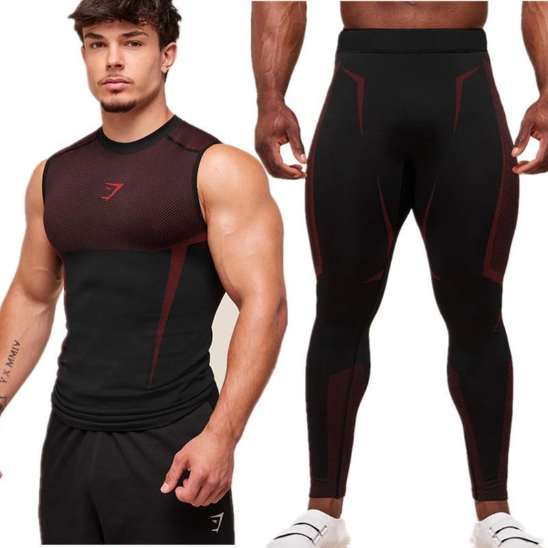 Mens Quick-Dry Compression Fitness Set Sleeveless Tank Top 9/10 Length Leggings Gym Workout Running