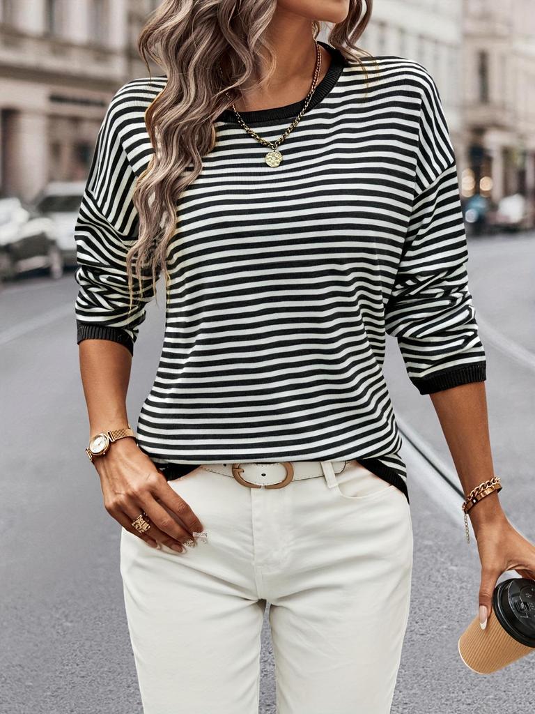 2024 Autumn Women's Striped Long Sleeve Round Neck Knit Pullover Sweater