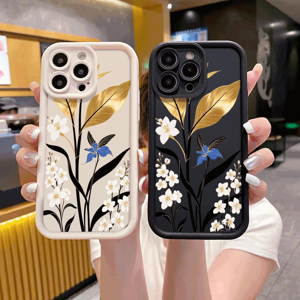 Goldblatt Florales Design Weiche TPU Handyhülle für iPhone 16 15 14 13 12 11 Pro Max Plus Stoßfest Anti-Rutsch Abdeckung