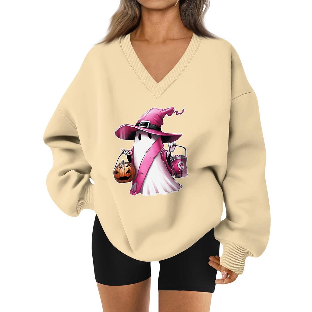 Women's V-neck Dropped Shoulder Halloween Print Sports Sweatshirt Top
