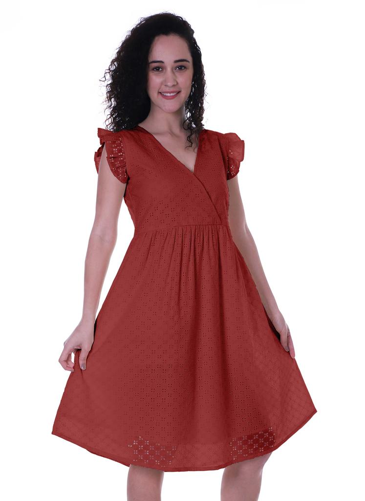 Moomaya Schiffli Dress Frill Sleeve W  V-neck Casual Relaxed Summer Garden