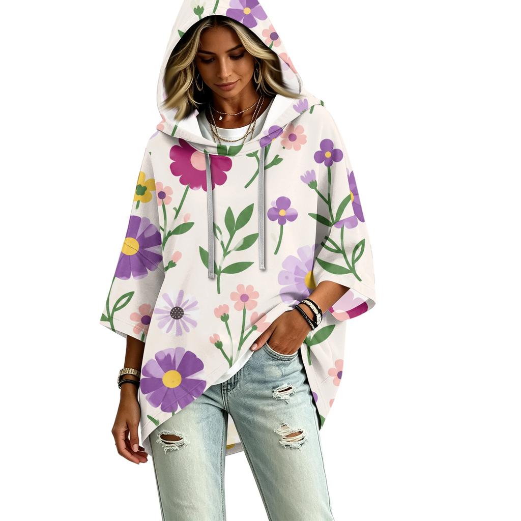 Damen Dreiviertelarm Kapuzenpullover mit Blumenprint Pullover Top Lässige Mode