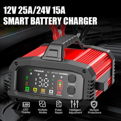 Portable Car Accessories Smart Car Battery Charger Car Booster Pulse Repair 25A/15A for 12V-24V Motorcycle Lead Acid AGM GEL LiFePo4 Batteries