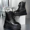 Fashion Thick-soled large size 42 women's boots lace-up short boots wedge heels 2025 genuine leather high heels thick-soled boots