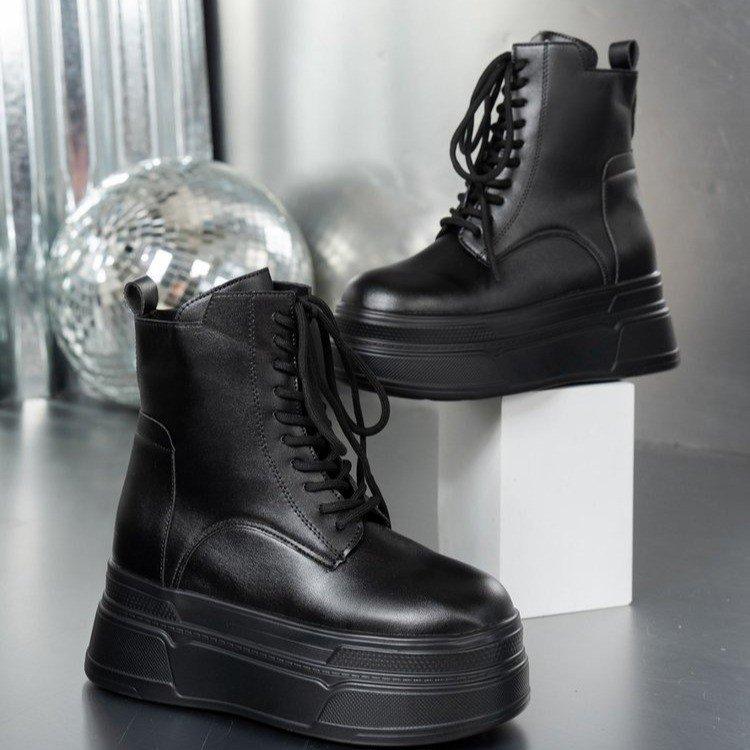 Fashion Thick-soled large size 42 women's boots lace-up short boots wedge heels 2025 genuine leather high heels thick-soled boots