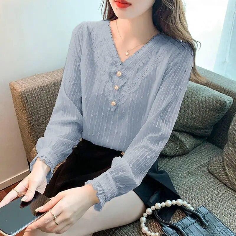 V-neck Lace Chiffon Top Spring Autumn New Loose Women's Clothing Solid Color Long Sleeve Bottoming Shirt