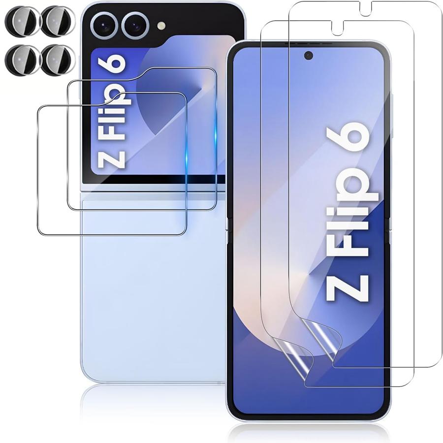 6 Pièces [2+2+2] Protecteur d'écran pour Samsung Galaxy Z Flip 7 Film TPU Souple Flexible + Film en Verre Trempé 9H + Protecteur d'objectif de caméra souple Flip 7 FE Flip7