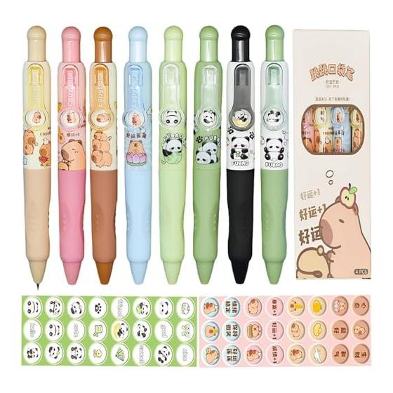 Maydahui 8pcs Cute Panda Capybara Gel Pens, 0.5mm Black Ink, Pocket Pens, Kawaii Stationery for Office, Gifts