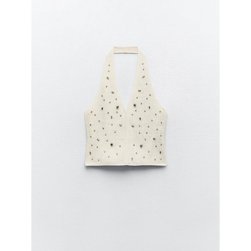 Za2024 Spring-Summer New Type Women's Clothing Sexy Midriff-Baring Jewelry Inlaid Hanging Collar Tops 1014316 712